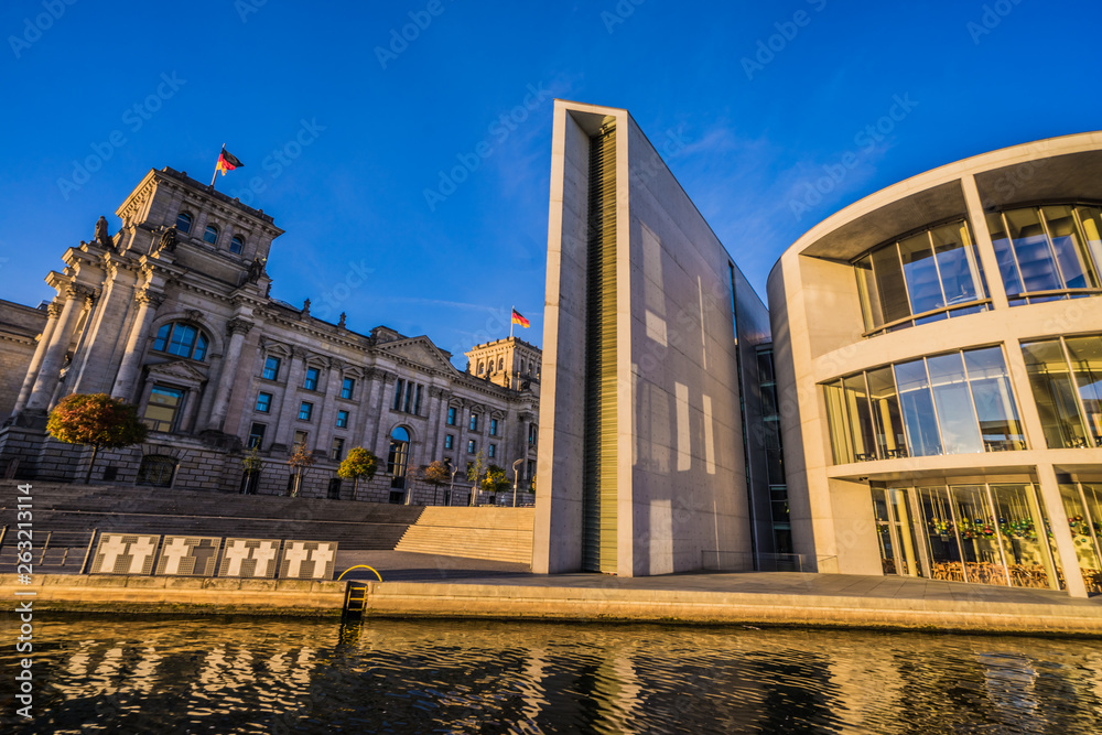Berlin on water Bundestag at sunrise