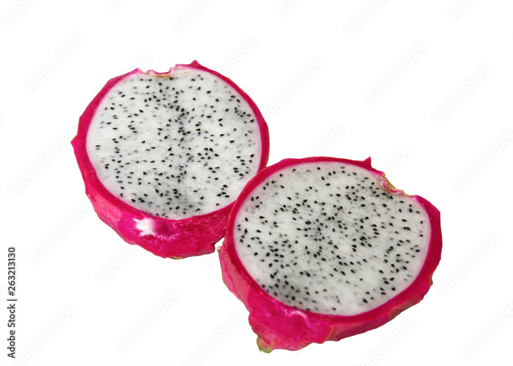 Dragon fruit or pitaya with cut isolated on white background. Macro details