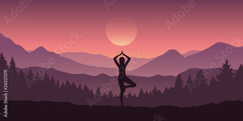 girl makes yoga tree figure in the mountain landscape view vector illustration EPS10