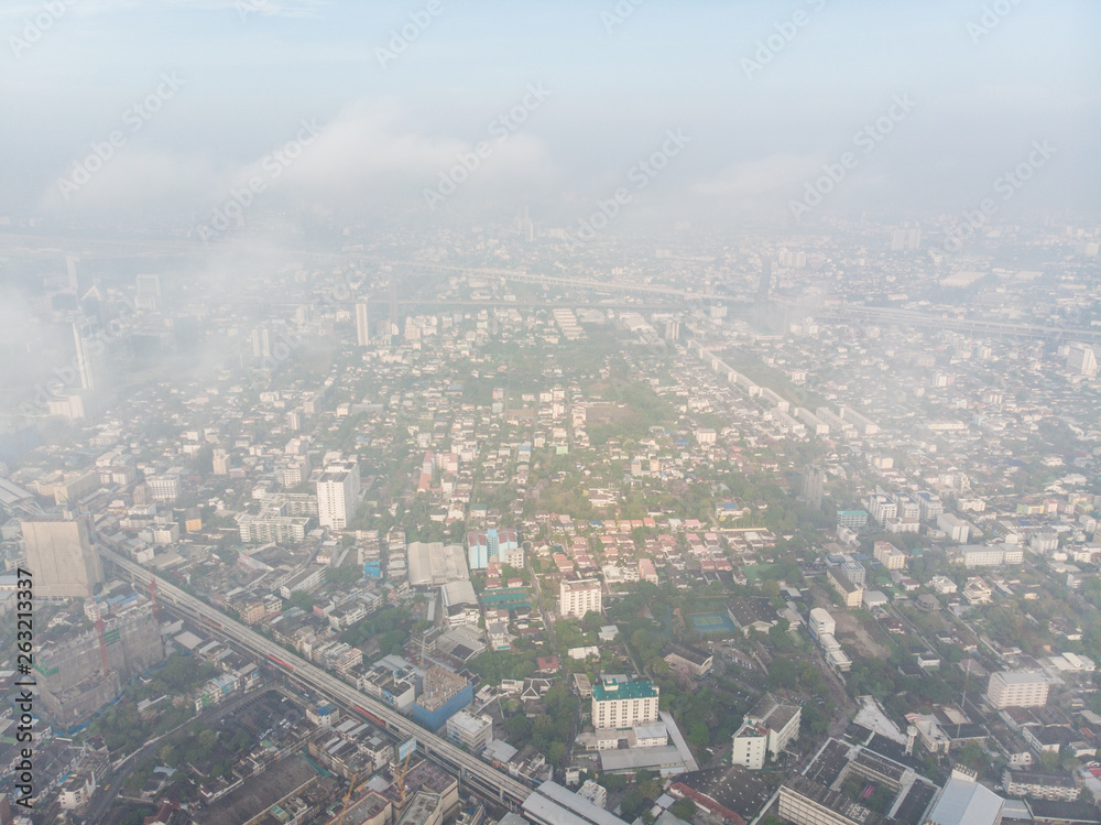 Aerial view downtown city building in morning with road