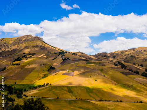 Ecuador, beautiful andean landscape between Zumbahua canyon and Quilotoa lagoon with cultivated fields