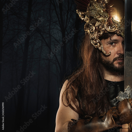 Viking scandinavian warrior with sword and wild skins. leather and bib overalls, metal helmet