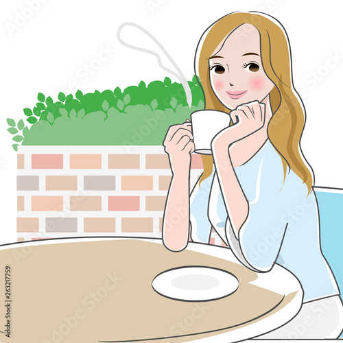 カフェで肘をつくロングヘアの女性 全身