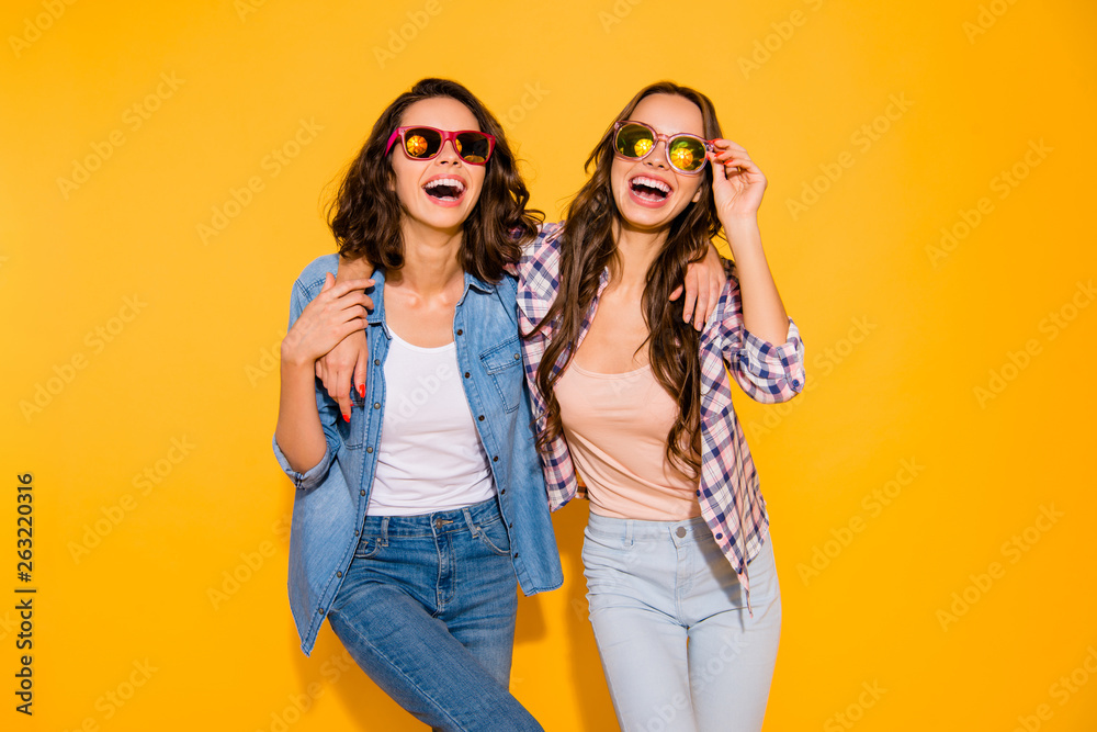Portrait funny funky crazy hipsters youth touch specs laugh open mouth enjoy free time summer weekend holiday chill positive cheerful satisfied checkered clothing denim isolated yellow background Portrait funny funky crazy hipsters youth touch specs laugh open mouth enjoy free time summer weekend holiday chill positive cheerful satisfied checkered clothing denim isolated yellow background