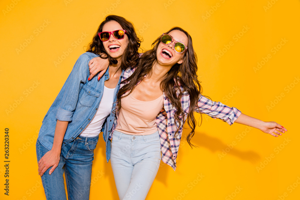 Portrait beautiful ladies free time weekends holidays laughter positive cheerful satisfied summer travel cuddle funny funky freedom raise hand arm wear checked denim shirt isolated vivid background