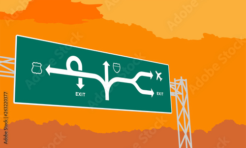 Highway or motorway green signage in surise, sunset time illustration on orange sky background