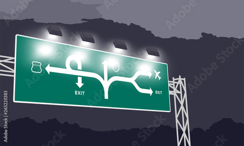 Highway or motorway green signage at nighttime illustration isolated on dark sky background
