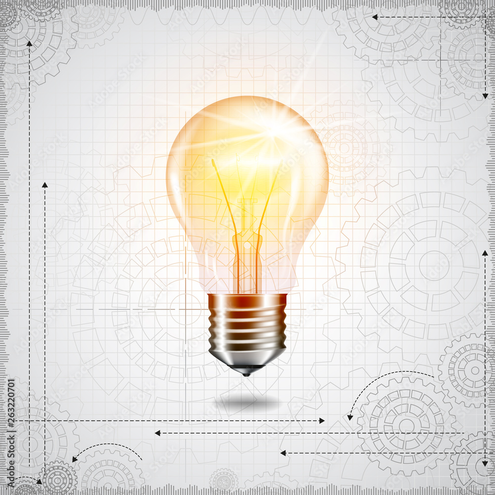 Realistic transparent light bulb on cogwheel background. Realistic transparent light bulb on cogwheel background.