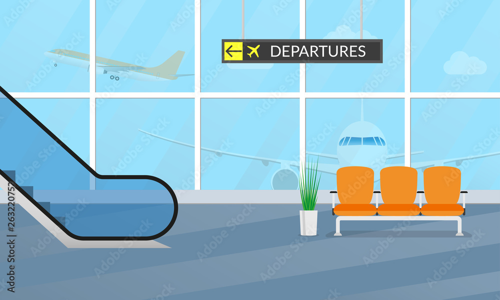 Airport terminal background. Waiting hall interior with the airplanes  outside the window. Departure lounge with chairs and escalator. Vector  illustration. Stock Vector | Adobe Stock