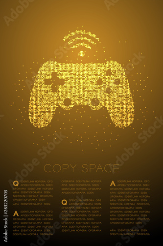 Gamepad or joypad shape Particle Geometric Bokeh circle dot pixel pattern, Esports game controller design gold color illustration on brown gradient background with copy space, vector eps 10