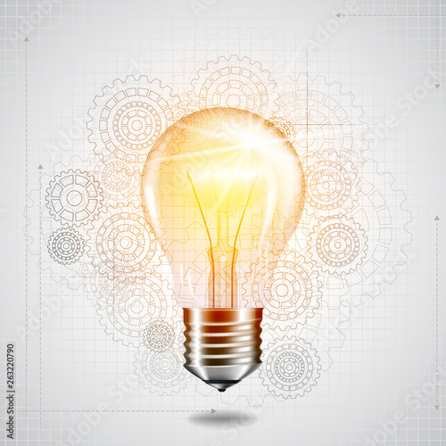Realistic transparent light bulb on cogwheel background. 