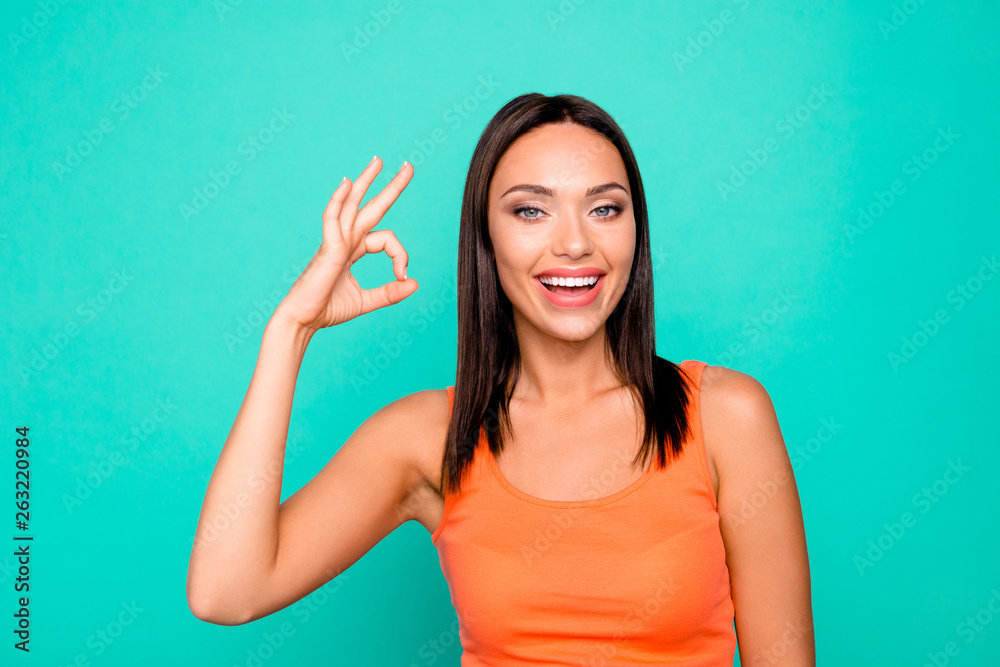 Close up photo portrait of confident satisfied charming with beaming toothy smile luxurious carefree she her lady millennial making giving alright signal isolated pastel background Close up photo portrait of confident satisfied charming with beaming toothy smile luxurious carefree she her lady millennial making giving alright signal isolated pastel background
