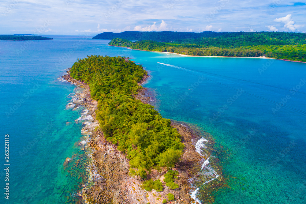 Aerial view sea beach island with green tree