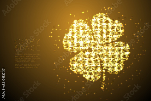 Clover 4 leaf shape Particle Shiny Bokeh star pattern gold color illustration on brown gradient background with copy space; vector eps 10