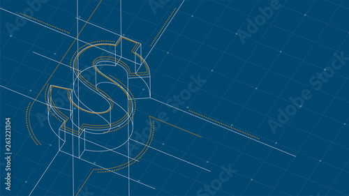 Currency USD (United States Dollars) isometric symbol dot and dash line frame structure pattern wireframe, Digital money cryptocurrency concept illustration isolated on blue background with space