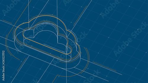 Cloud symbol isometric symbol dot and dash line frame structure pattern wireframe, Technology online storage concept illustration isolated on blue background with space