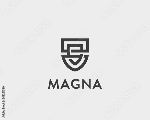 Abstract line shield logo design. Universal protection security vector logotype. Two intertwined linked shields
