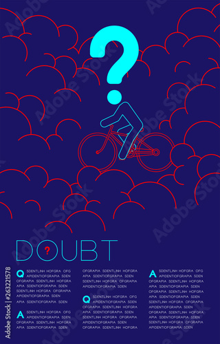 Doubt man and bicycle with Question mark icon pictogram blue and red, Social issues: Pollution PM 2.5 concept template layout design illustration isolated on dark blue background, with space