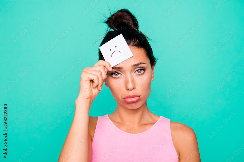 Close up photo portrait of sad unhappy tired exhausted she her lady showing her mood in card isolated pastel background Close up photo portrait of sad unhappy tired exhausted she her lady showing her mood in card isolated pastel background