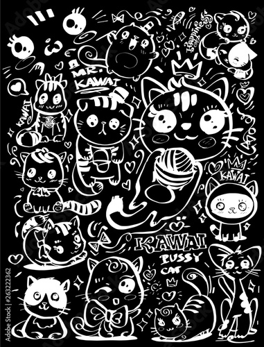 set of funny kawai cats