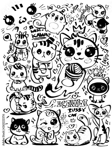 set of funny kawai cats
