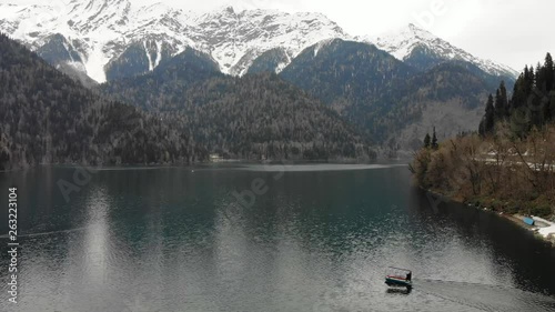 4k Aerial view majestic mountain lake Ritsa, Abkhazia. photo