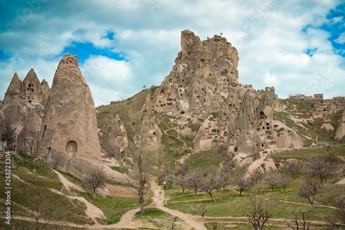 Turkish fortress Uchisar, landscape of Goreme in Cappadocia, Turkey.