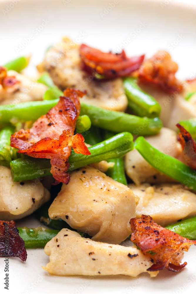 chicken meat with green beans and bacon