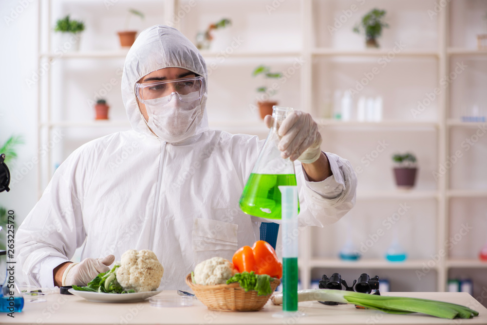 Scientist working in lab on GMO fruits and vegetables