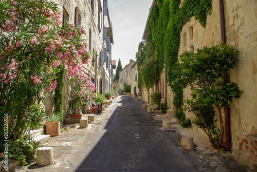 sunny alley with flowers in Villeneuve-lès-Avignon, France