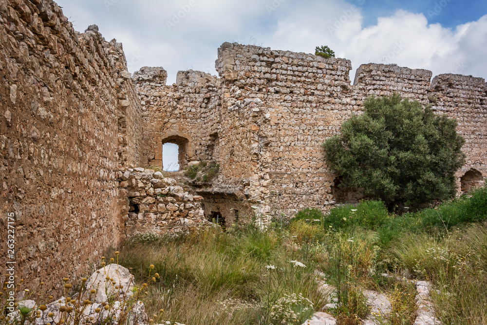 The ruins of the ancient Kritinia castle at Rhodes island, Greece