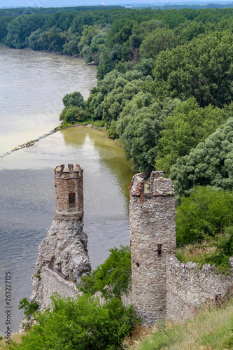 small tower of Devín Castle rises above the Danube river, Bratislava, Croatia
