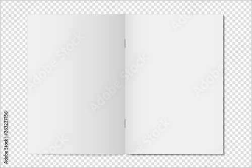 Mock up opened magazine, notebook, journal, booklet, postcard, flyer, brochure on transparent background . Vector illustration.