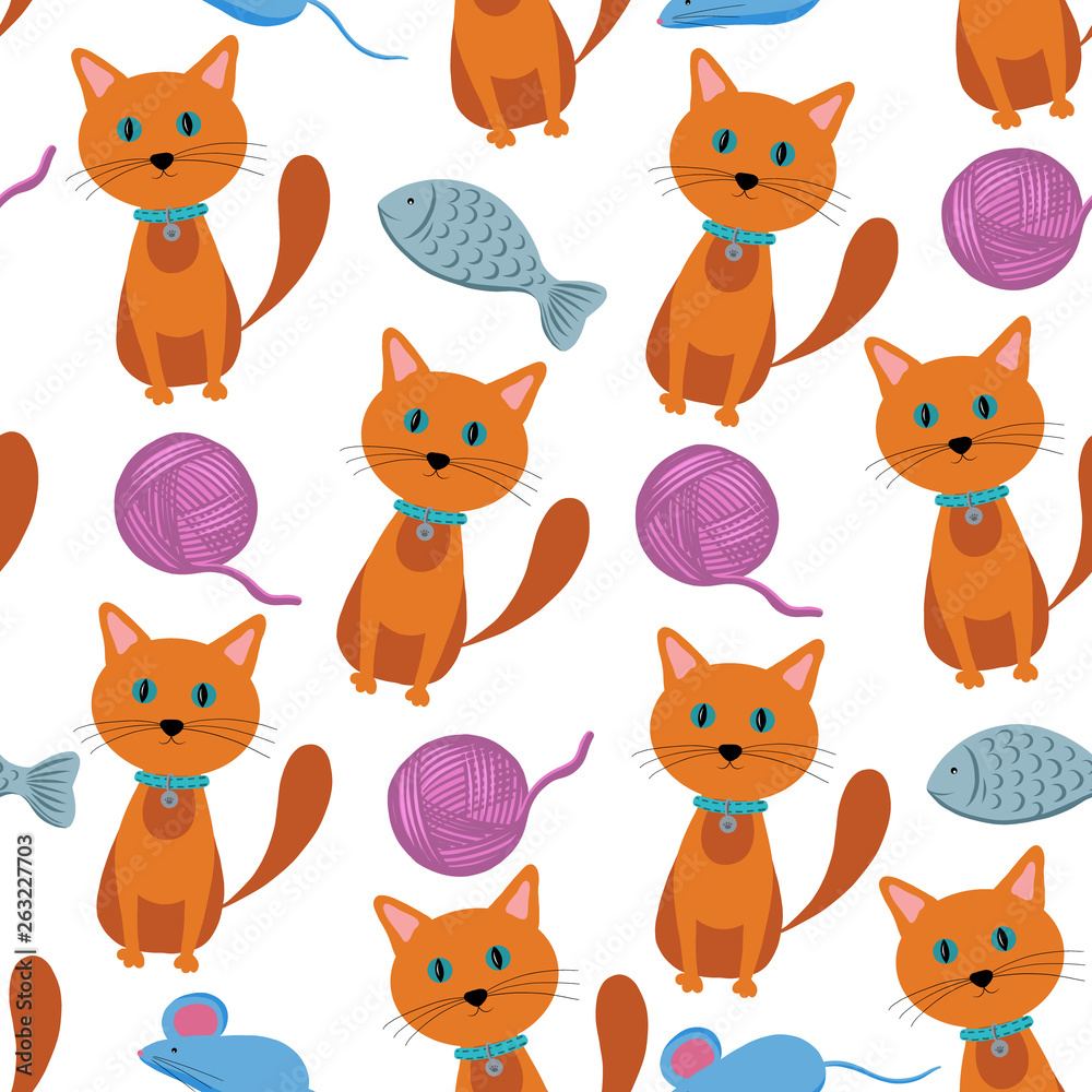 Vector seamless pattern of Pets: cats with toys and accessories.  Concept for veterinary, animal shelter, pet shops, decoration of pet accessories, as well as children's clothing and toys.
