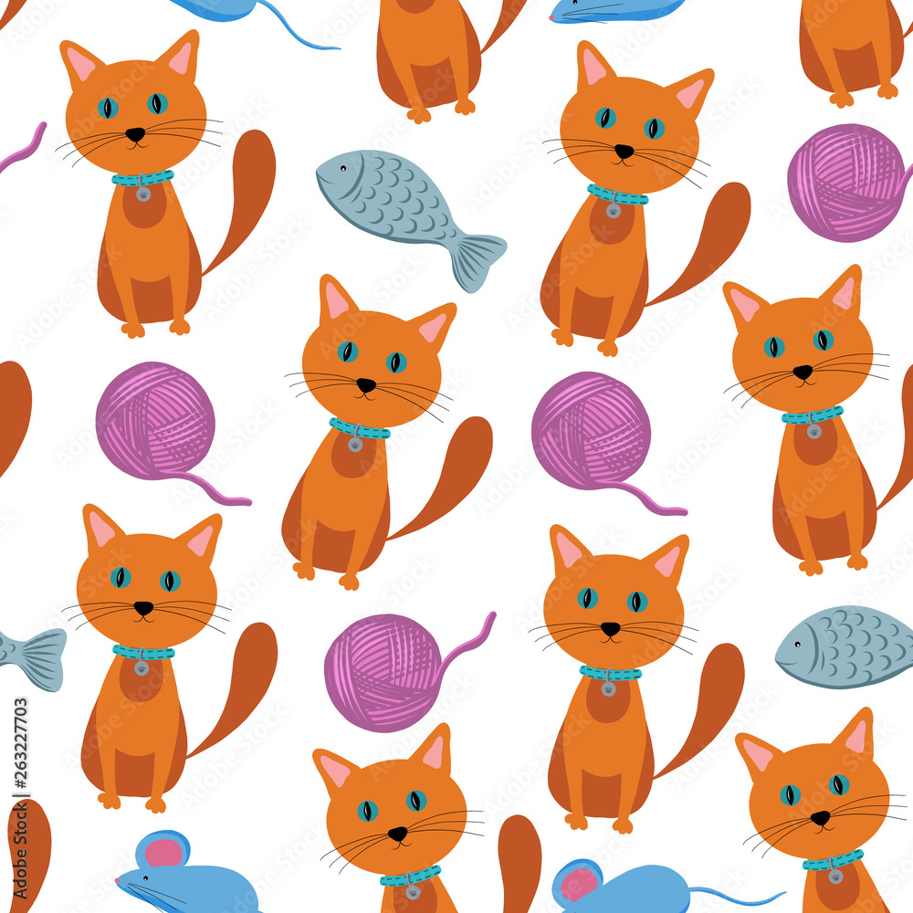 Obraz premium Vector seamless pattern of Pets: cats with toys and accessories. Concept for veterinary, animal shelter, pet shops, decoration of pet accessories, as well as children's clothing and toys.