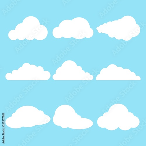 Set of white clouds on blue sky background. Template design for your web site, logo, app, UI.