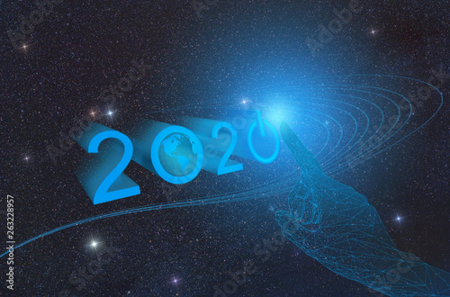 the advent of the new technological year 2020 on the planet Earth in outer space, conceptual representation of pressing the button with the hand of artificial intelligence