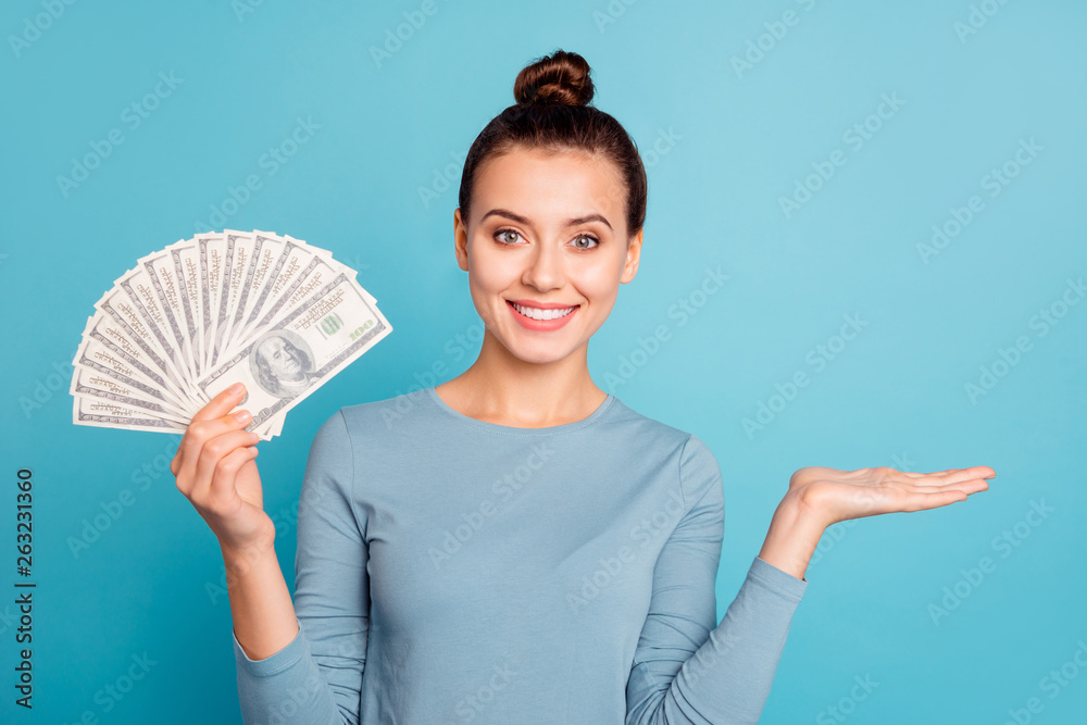 Portrait positive cheerful excited enjoy lady stylish beautiful banknote millionaire have promo sale discount choice ad decision feedback present notice wear modern sweater isolated blue background Portrait positive cheerful excited enjoy lady stylish beautiful banknote millionaire have promo sale discount choice ad decision feedback present notice wear modern sweater isolated blue background