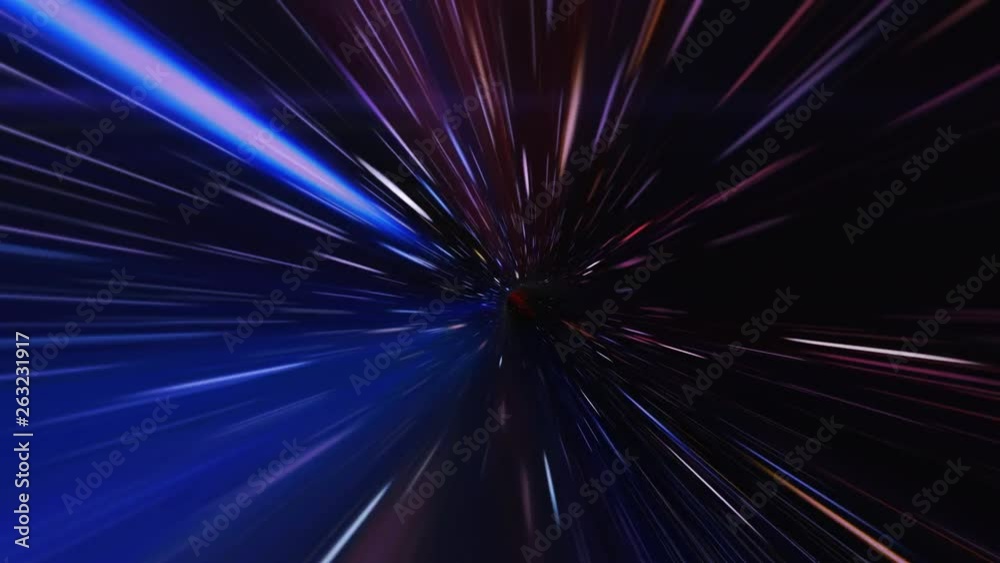 Interstellar, time travel and hyper jump in space. Flying through wormhole tunnel or abstract energy vortex. Singularity, gravitational waves and spacetime concept.