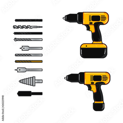 set of vector illustration cordless drill with complete bits flat design