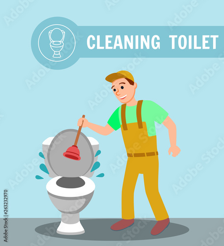 Plumber with Plunger Repair Clogged Toilet Bowl