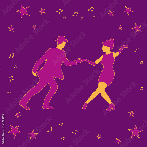 Swing dance couple silhouette with outline, with stars and notes. Man in hat and jacket, lady in dress.