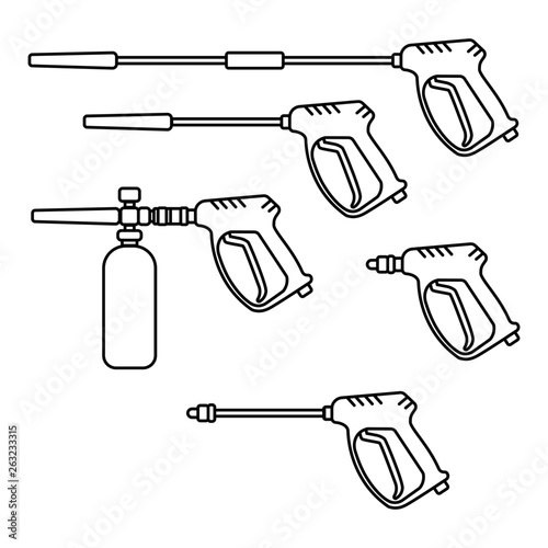 set of vector illustration pressure washer machine electric with spray gun equipment flat design silhouette style