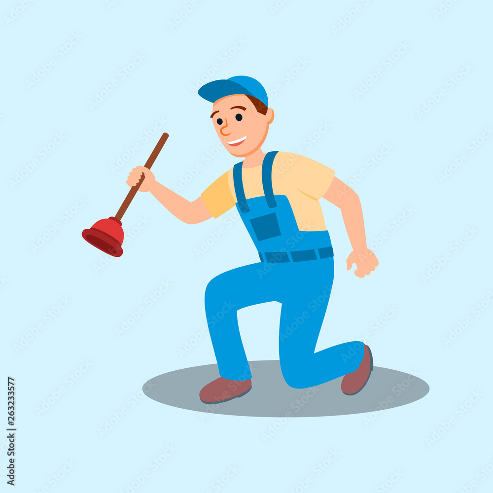Man Plumber Cartoon Character Holding Plunger Tool Stock Vector | Adobe  Stock