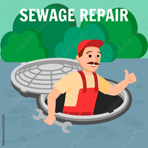Man Repairman with Spanner Tool in Open Manhole