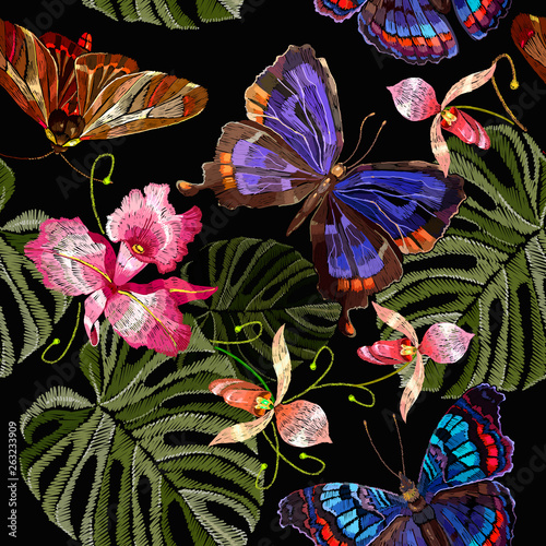 Embroidery butterflies and tropical flowers seamless pattern. Jungle art. Template for clothes, textiles, t-shirt design