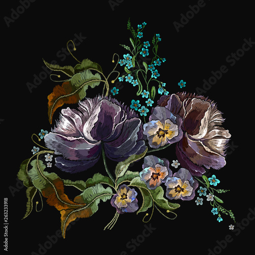 Embroidery violet flowers and summer meadows herbs. Summer garden art. Fashion template for clothes, t-shirt design