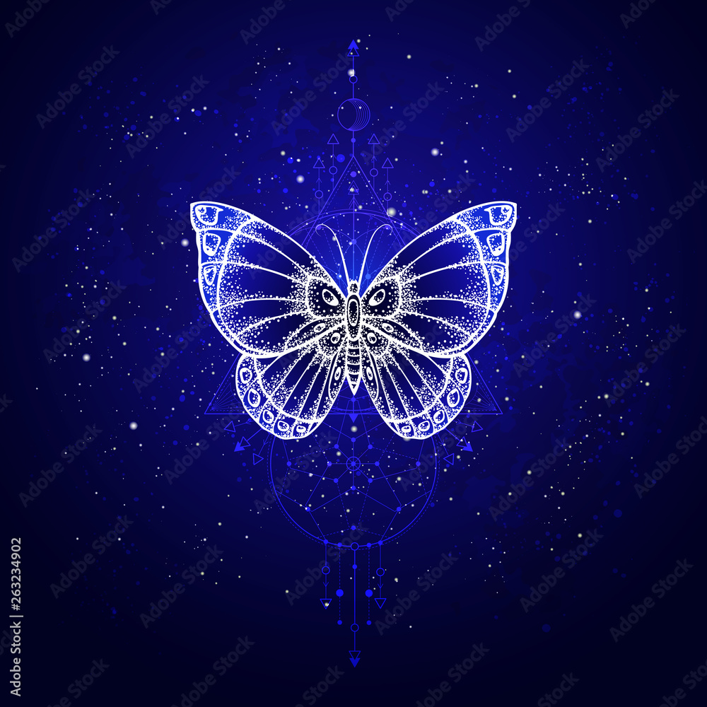 Vector illustration with hand drawn butterfly and Sacred geometric symbol against night starry sky. Abstract mystic sign. Vector illustration with hand drawn butterfly and Sacred geometric symbol against night starry sky. Abstract mystic sign.