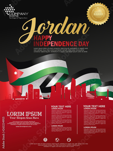Jordan happy independence day background with waving flag and silhouette city of jordan with award ribbon royalty. Template design layout