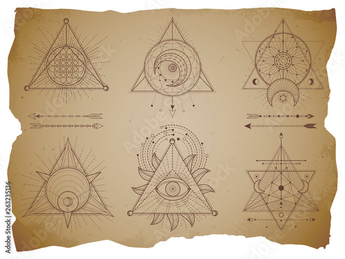 Vector set of Sacred triangle symbols and mystic figures on old paper background with torn edges. Abstract mystic signs collection.